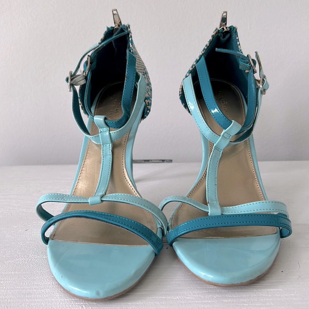 SOFT • Heel Sandals - Size 9 US - Aqua Teal Blue Green - 4 inch tall Back Zipper